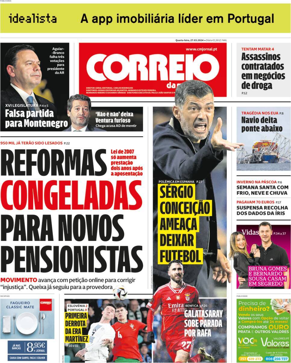 Correio da Manh&atilde;: Capa da Edi&ccedil;&atilde;o de quarta-feira, 27 de mar&ccedil;o 2024
