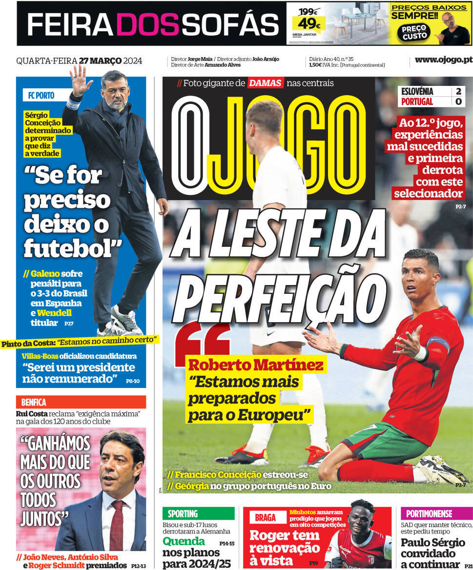 O Jogo: Capa da Edi&ccedil;&atilde;o de quarta-feira, 27 de mar&ccedil;o 2024