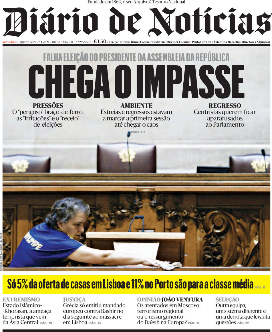 Di&aacute;rio de Not&iacute;cias: Capa da Edi&ccedil;&atilde;o de quarta-feira, 27 de mar&ccedil;o 2024