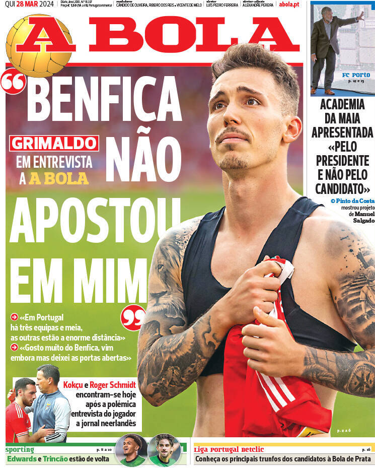 A Bola: Capa da Edi&ccedil;&atilde;o de quinta-feira, 28 de mar&ccedil;o 2024