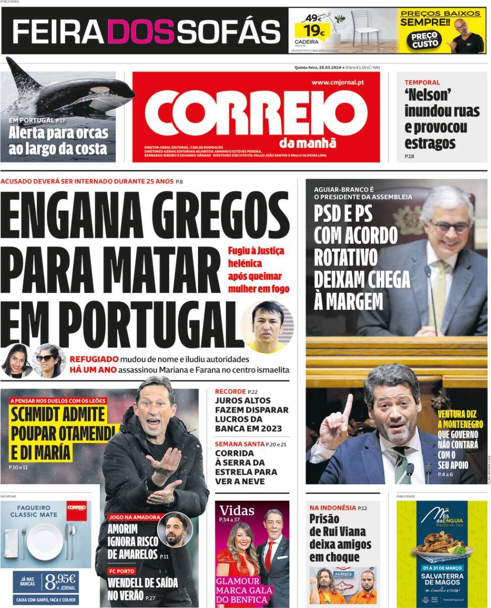 Correio da Manh&atilde;: Capa da Edi&ccedil;&atilde;o de quinta-feira, 28 de mar&ccedil;o 2024