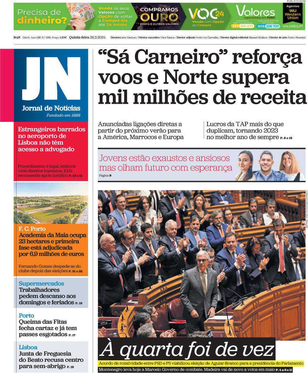 Jornal de Not&iacute;cias: Capa da Edi&ccedil;&atilde;o de quinta-feira, 28 de mar&ccedil;o 2024