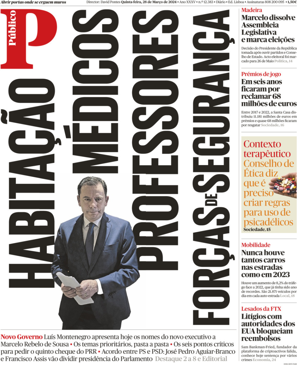 P&uacute;blico: Capa da Edi&ccedil;&atilde;o de quinta-feira, 28 de mar&ccedil;o 2024