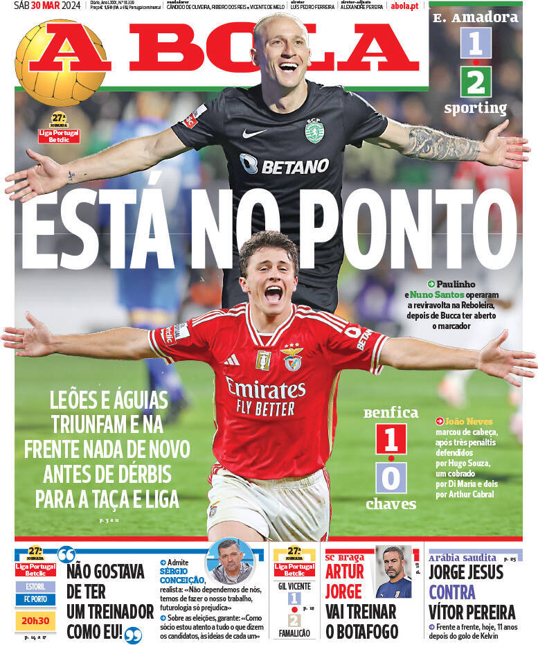 A Bola: Capa da Edi&ccedil;&atilde;o de s&aacute;bado, 30 de mar&ccedil;o 2024