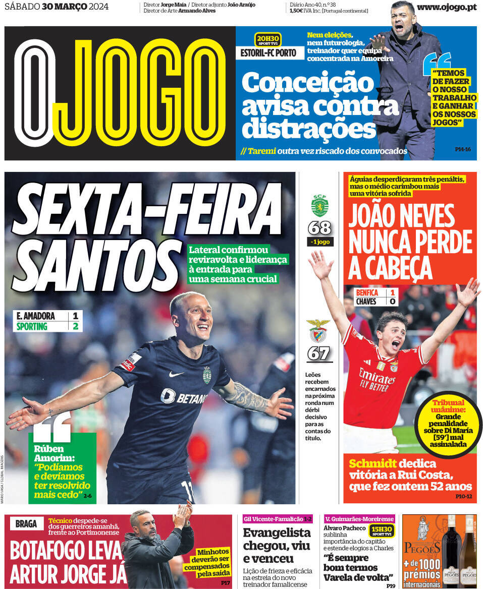 O Jogo: Capa da Edi&ccedil;&atilde;o de s&aacute;bado, 30 de mar&ccedil;o 2024