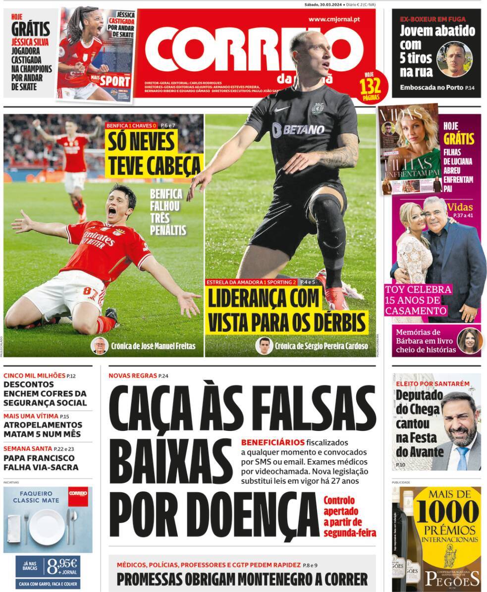 Correio da Manh&atilde;: Capa da Edi&ccedil;&atilde;o de s&aacute;bado, 30 de mar&ccedil;o 2024