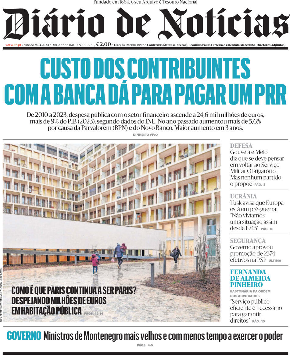 Di&aacute;rio de Not&iacute;cias: Capa da Edi&ccedil;&atilde;o de s&aacute;bado, 30 de mar&ccedil;o 2024