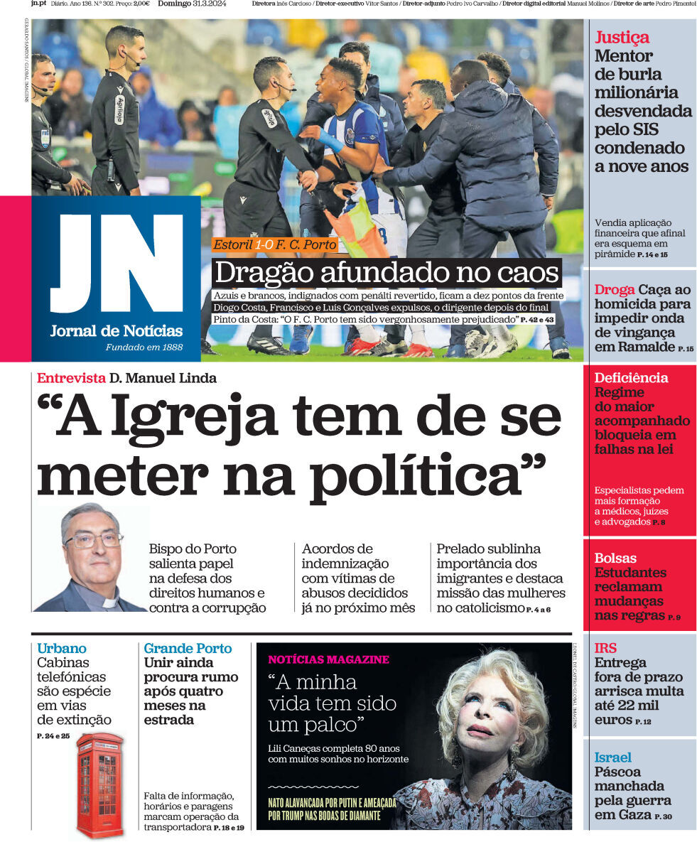 Jornal de Not&iacute;cias: Capa da Edi&ccedil;&atilde;o de domingo, 31 de mar&ccedil;o 2024