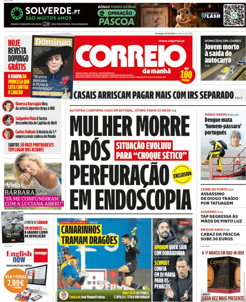 Correio da Manh&atilde;: Capa da Edi&ccedil;&atilde;o de domingo, 31 de mar&ccedil;o 2024