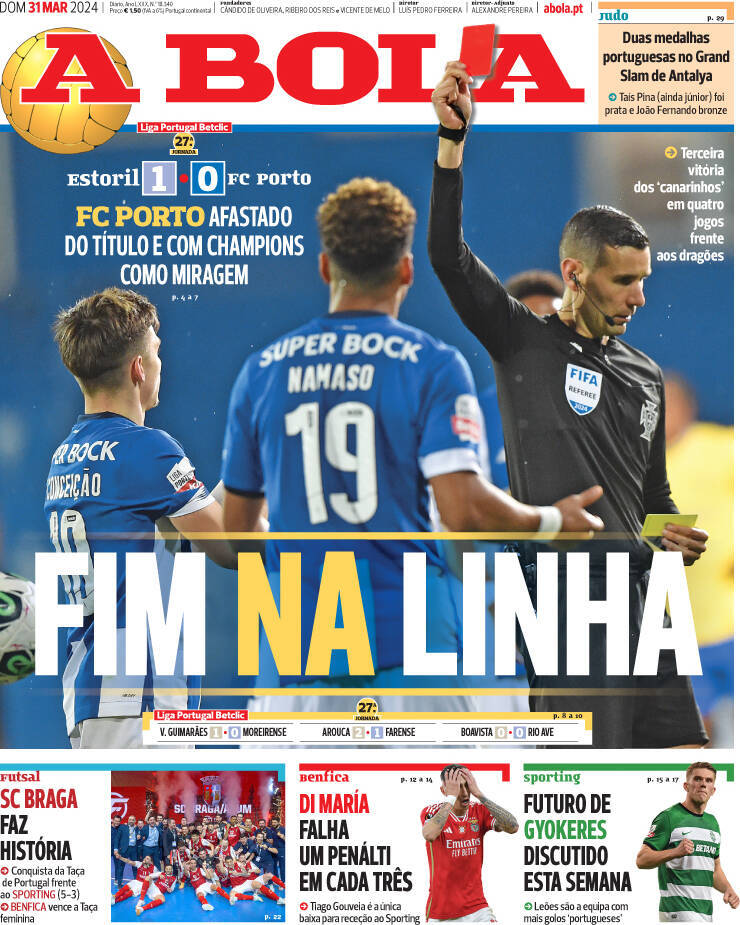 A Bola: Capa da Edi&ccedil;&atilde;o de domingo, 31 de mar&ccedil;o 2024