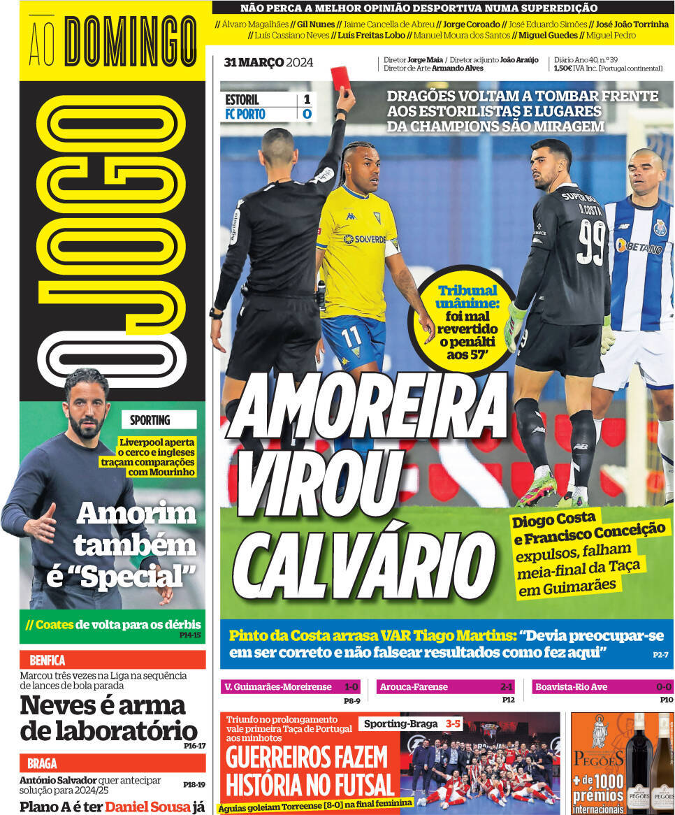 O Jogo: Capa da Edi&ccedil;&atilde;o de domingo, 31 de mar&ccedil;o 2024