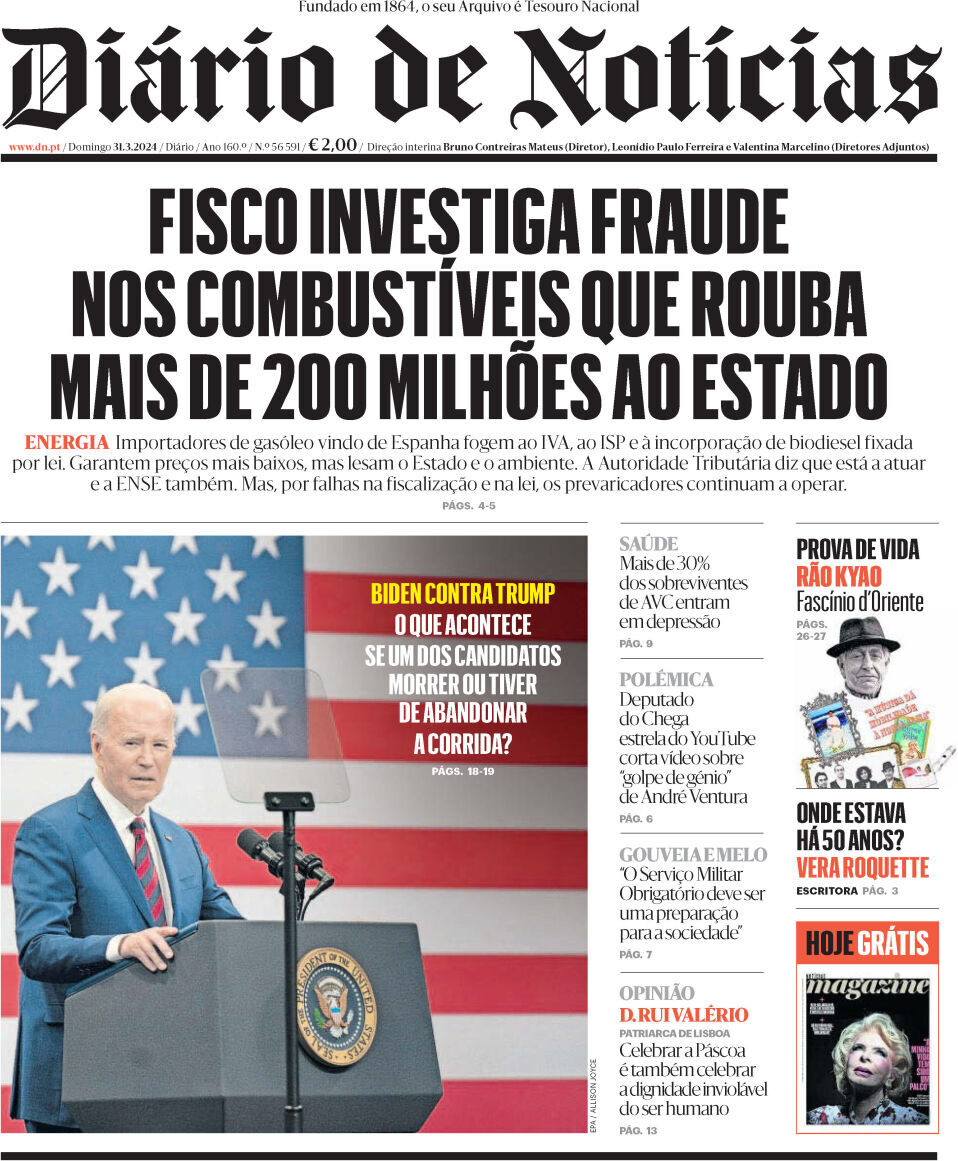 Di&aacute;rio de Not&iacute;cias: Capa da Edi&ccedil;&atilde;o de domingo, 31 de mar&ccedil;o 2024