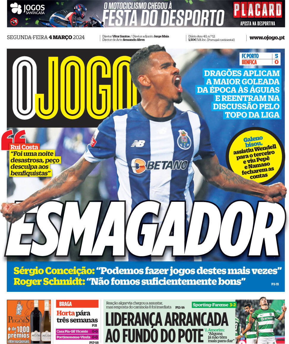 O Jogo: Capa da Edi&ccedil;&atilde;o de segunda-feira, 04 de mar&ccedil;o 2024