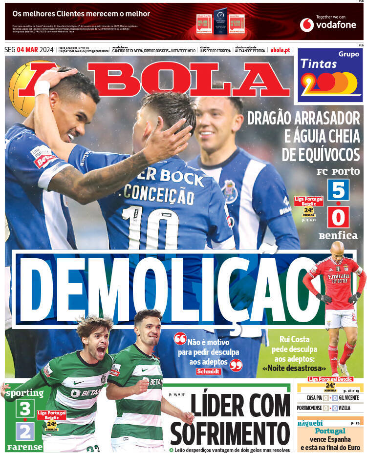 A Bola: Capa da Edi&ccedil;&atilde;o de segunda-feira, 04 de mar&ccedil;o 2024