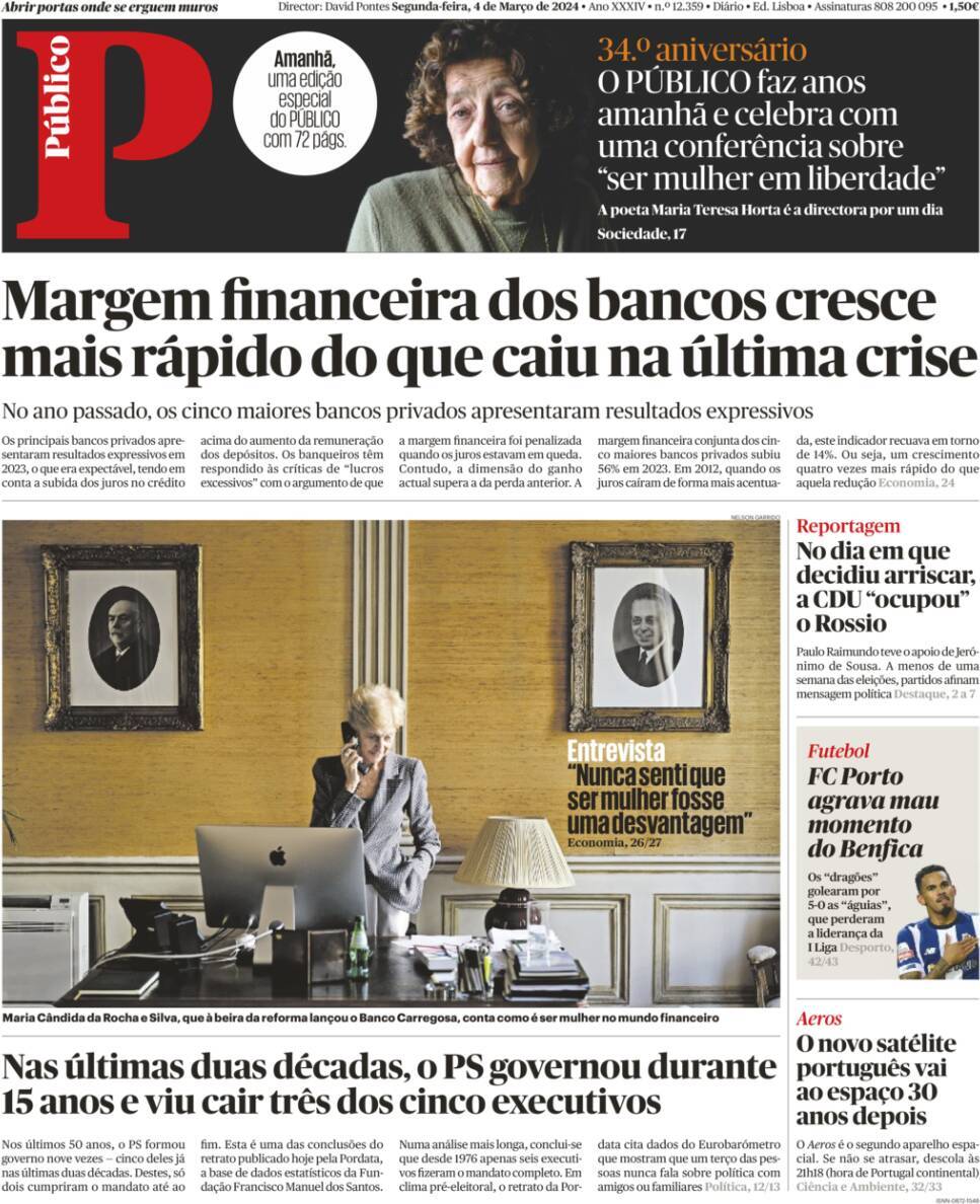 P&uacute;blico: Capa da Edi&ccedil;&atilde;o de segunda-feira, 04 de mar&ccedil;o 2024