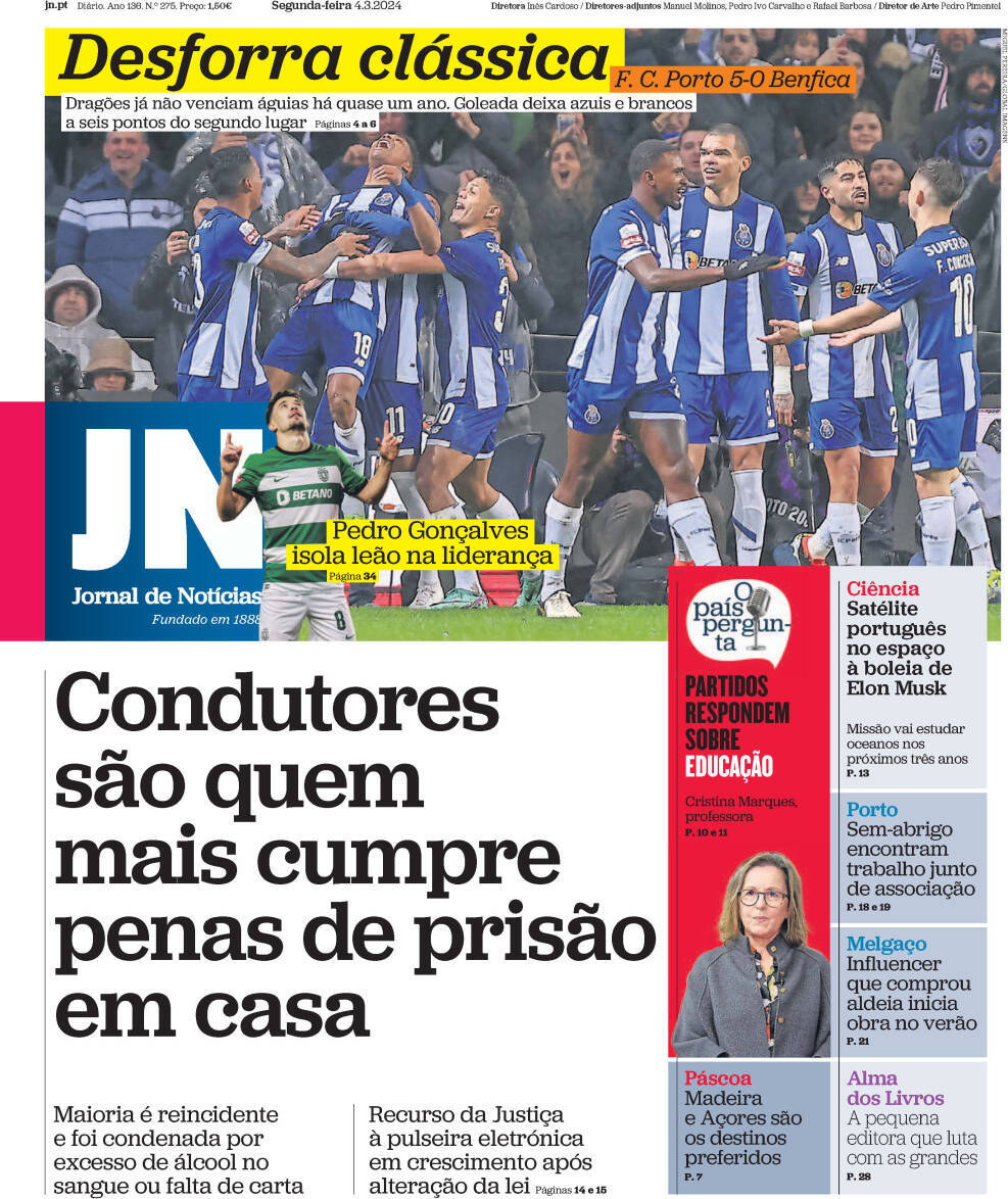 Jornal de Not&iacute;cias: Capa da Edi&ccedil;&atilde;o de segunda-feira, 04 de mar&ccedil;o 2024