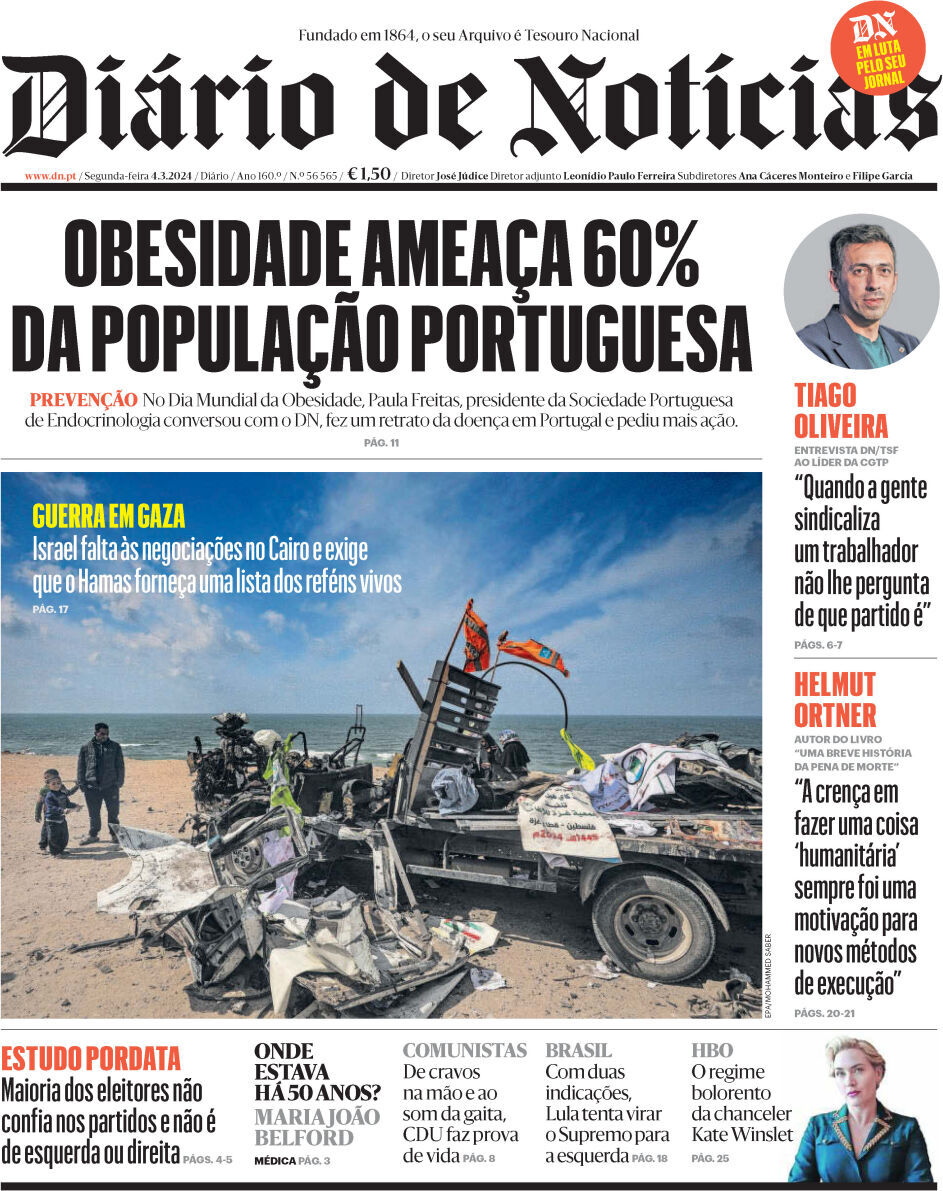 Di&aacute;rio de Not&iacute;cias: Capa da Edi&ccedil;&atilde;o de segunda-feira, 04 de mar&ccedil;o 2024