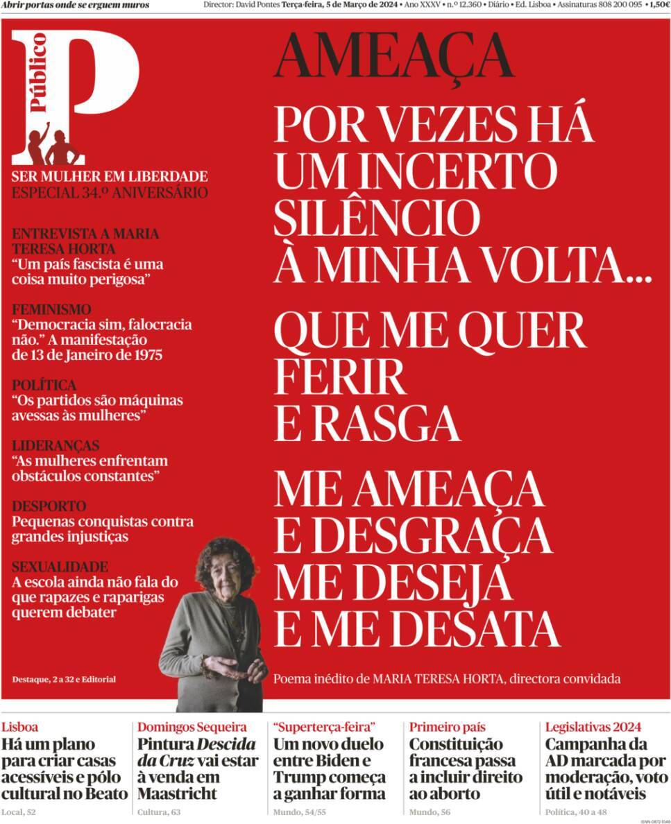 P&uacute;blico: Capa da Edi&ccedil;&atilde;o de ter&ccedil;a-feira, 05 de mar&ccedil;o 2024