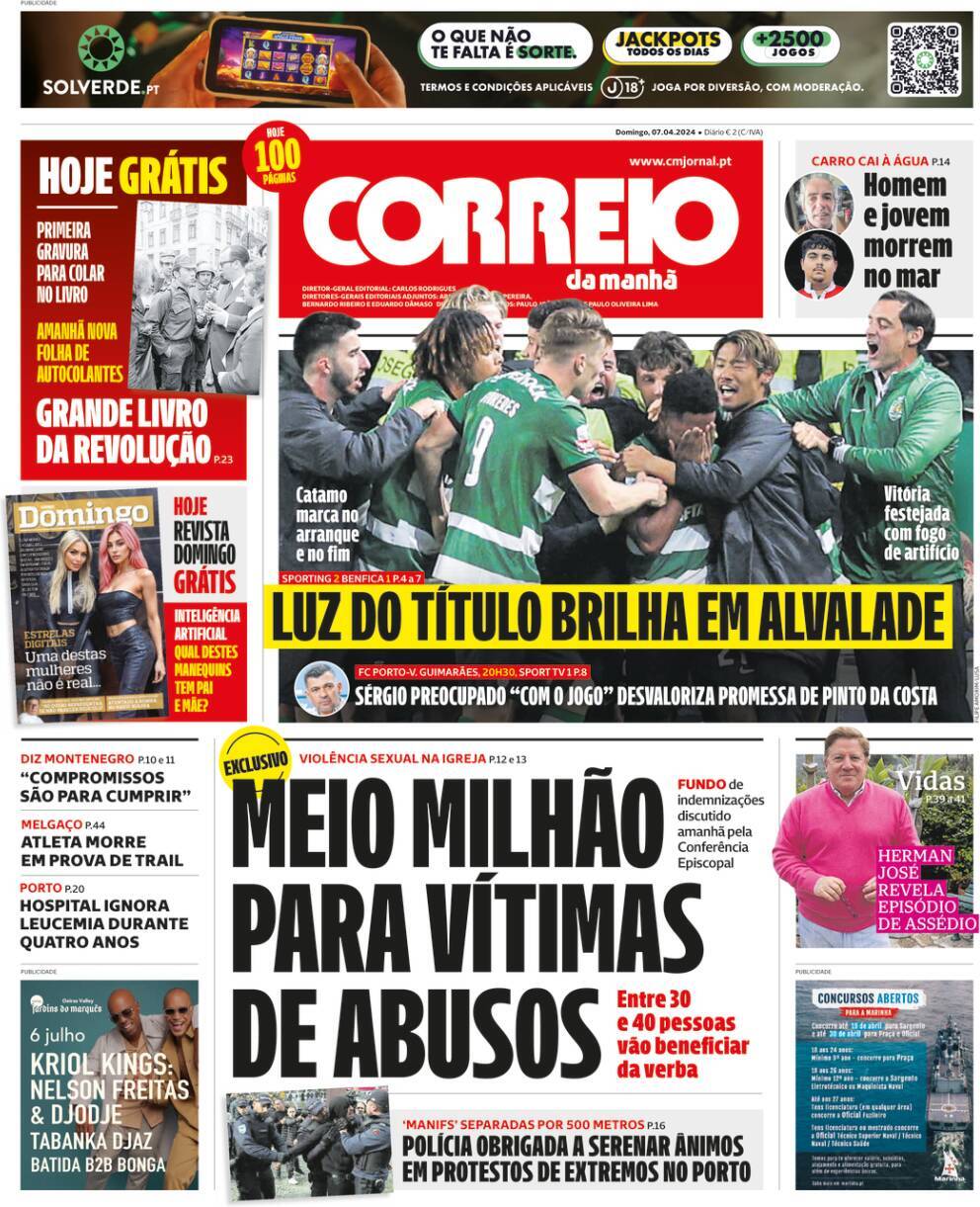 O Jogo: Capa da Edi&ccedil;&atilde;o de domingo, 07 de abril 2024