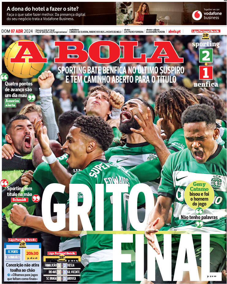 A Bola: Capa da Edi&ccedil;&atilde;o de domingo, 07 de abril 2024