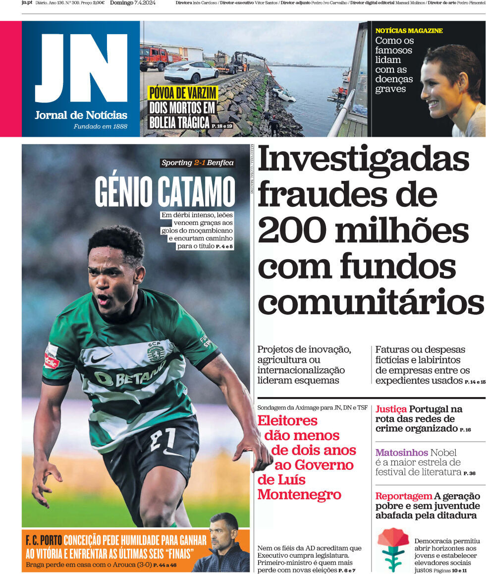 Jornal de Not&iacute;cias: Capa da Edi&ccedil;&atilde;o de domingo, 07 de abril 2024