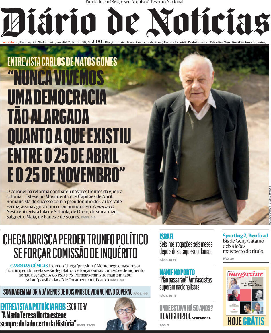 Di&aacute;rio de Not&iacute;cias: Capa da Edi&ccedil;&atilde;o de domingo, 07 de abril 2024