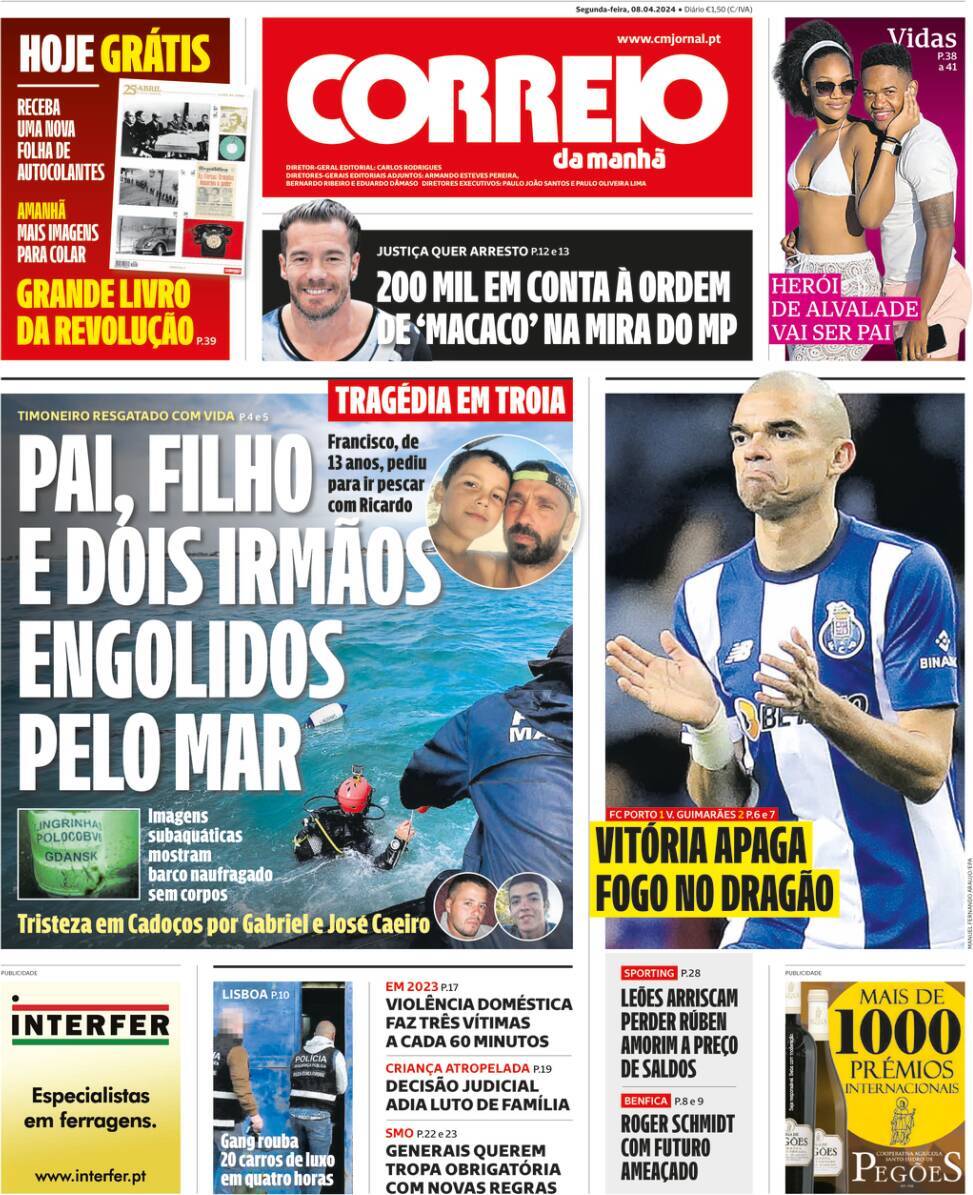 Correio da Manh&atilde;: Capa da Edi&ccedil;&atilde;o de segunda-feira, 08 de abril 2024