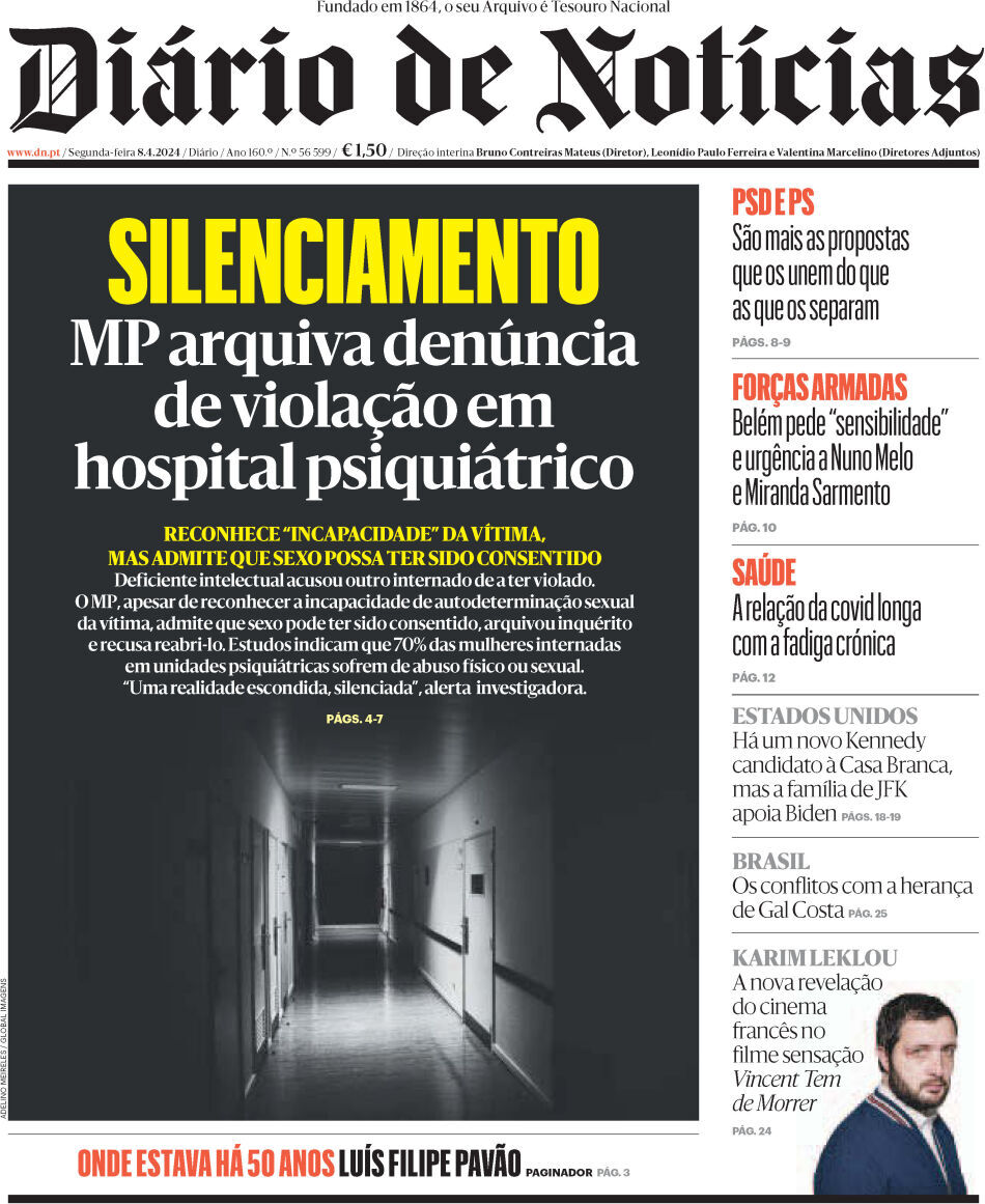 Di&aacute;rio de Not&iacute;cias: Capa da Edi&ccedil;&atilde;o de segunda-feira, 08 de abril 2024
