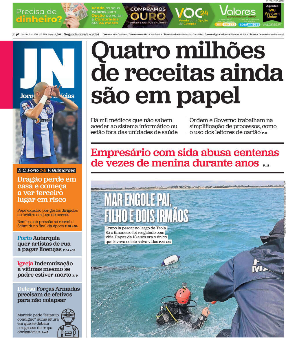 Jornal de Not&iacute;cias: Capa da Edi&ccedil;&atilde;o de segunda-feira, 08 de abril 2024