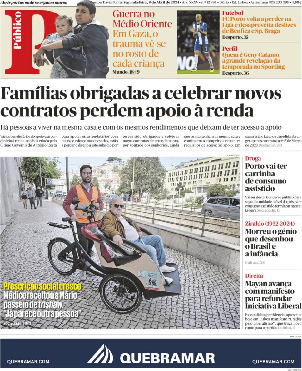 P&uacute;blico: Capa da Edi&ccedil;&atilde;o de segunda-feira, 08 de abril 2024
