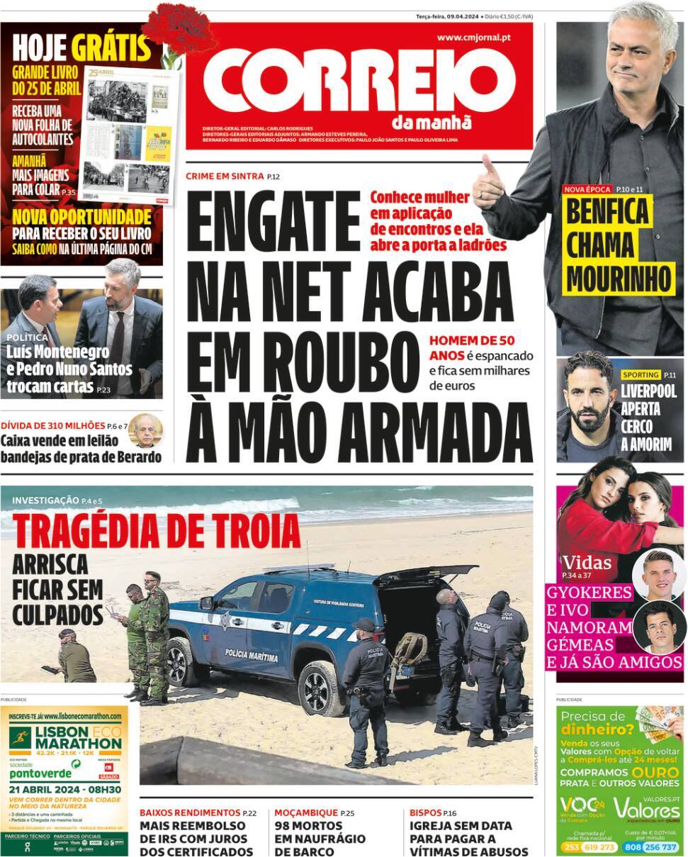 Correio da Manh&atilde;: Capa da Edi&ccedil;&atilde;o de ter&ccedil;a-feira, 09 de abril 2024