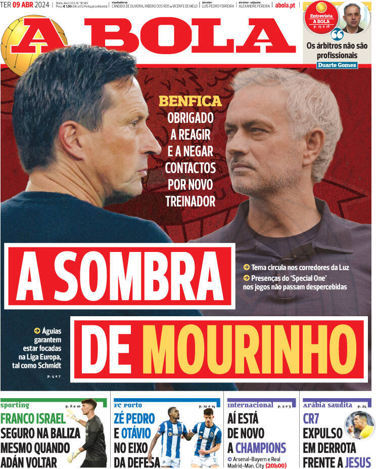 A Bola: Capa da Edi&ccedil;&atilde;o de ter&ccedil;a-feira, 09 de abril 2024