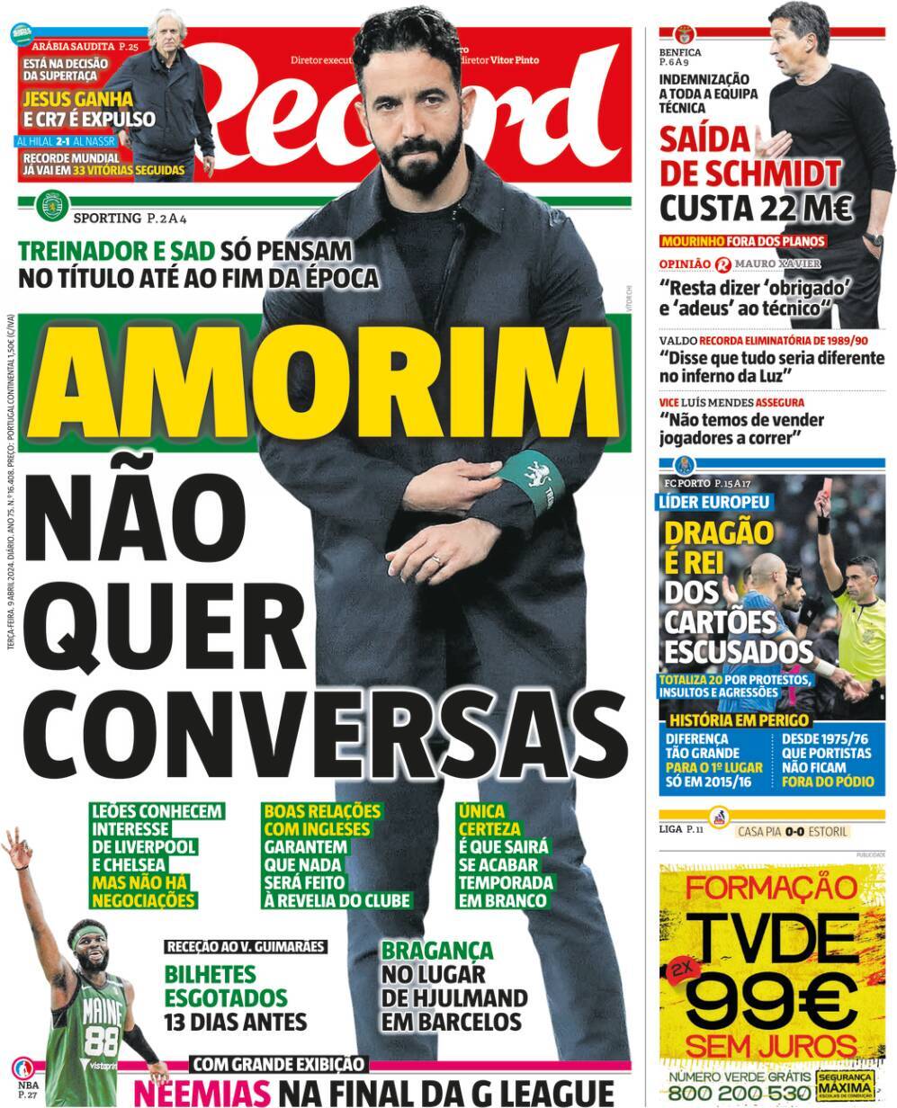 Jornal de Not&iacute;cias: Capa da Edi&ccedil;&atilde;o de ter&ccedil;a-feira, 09 de abril 2024