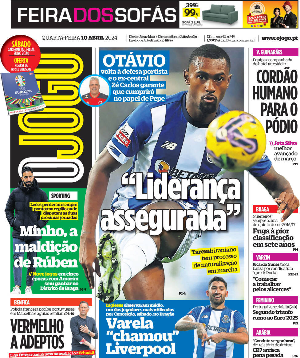 O Jogo: Capa da Edi&ccedil;&atilde;o de quarta-feira, 10 de abril 2024