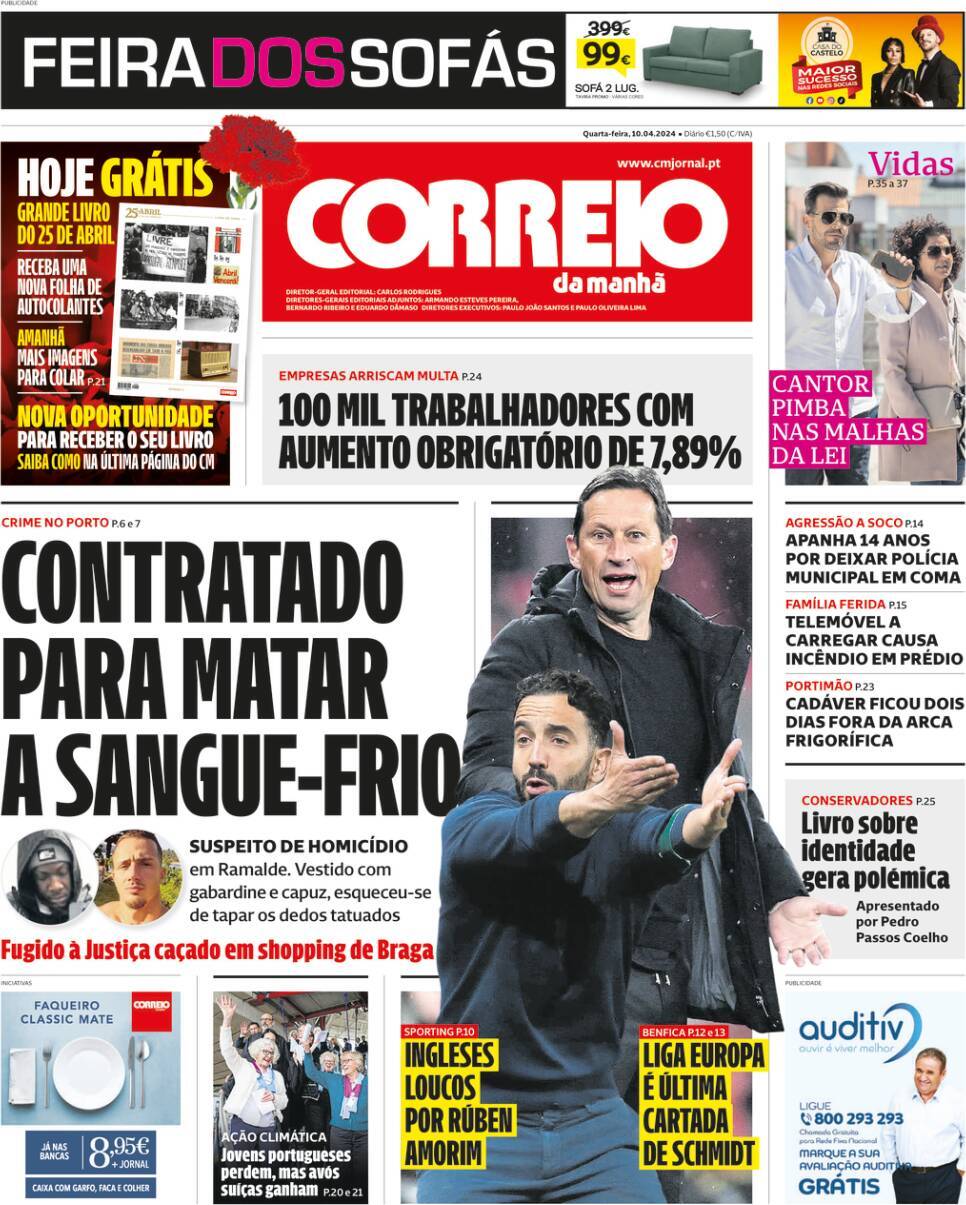 Correio da Manh&atilde;: Capa da Edi&ccedil;&atilde;o de quarta-feira, 10 de abril 2024