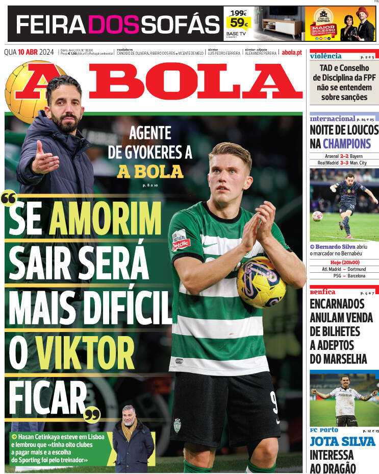 A Bola: Capa da Edi&ccedil;&atilde;o de quarta-feira, 10 de abril 2024