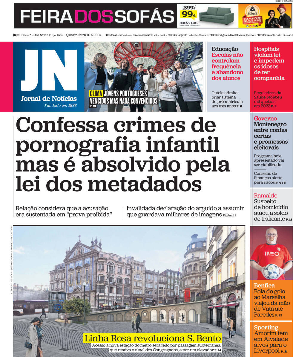 Jornal de Not&iacute;cias: Capa da Edi&ccedil;&atilde;o de quarta-feira, 10 de abril 2024