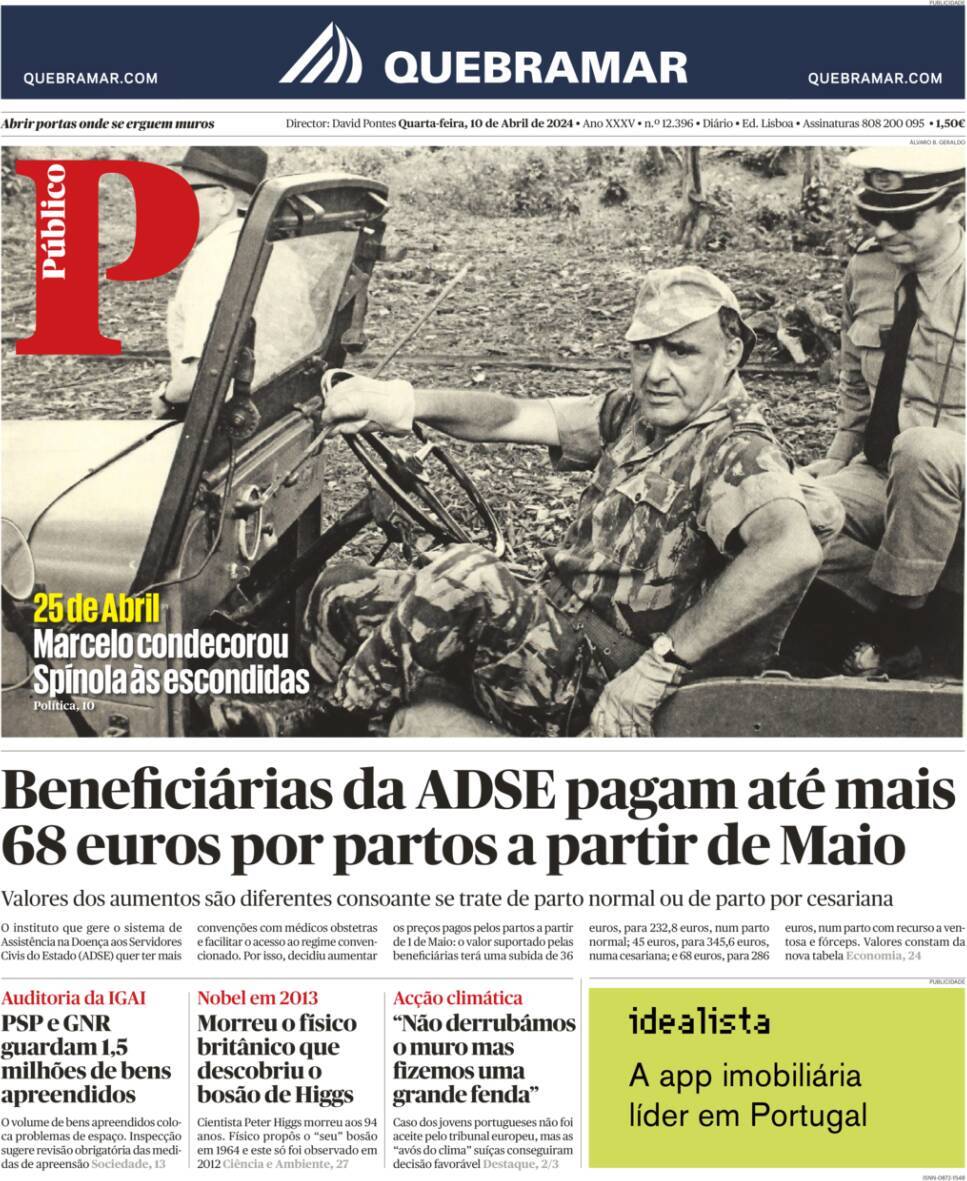 P&uacute;blico: Capa da Edi&ccedil;&atilde;o de quarta-feira, 10 de abril 2024