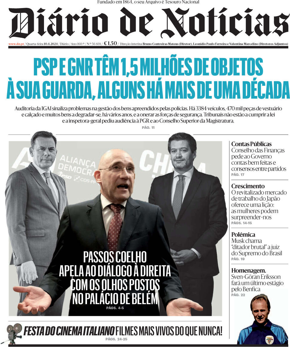 Di&aacute;rio de Not&iacute;cias: Capa da Edi&ccedil;&atilde;o de quarta-feira, 10 de abril 2024