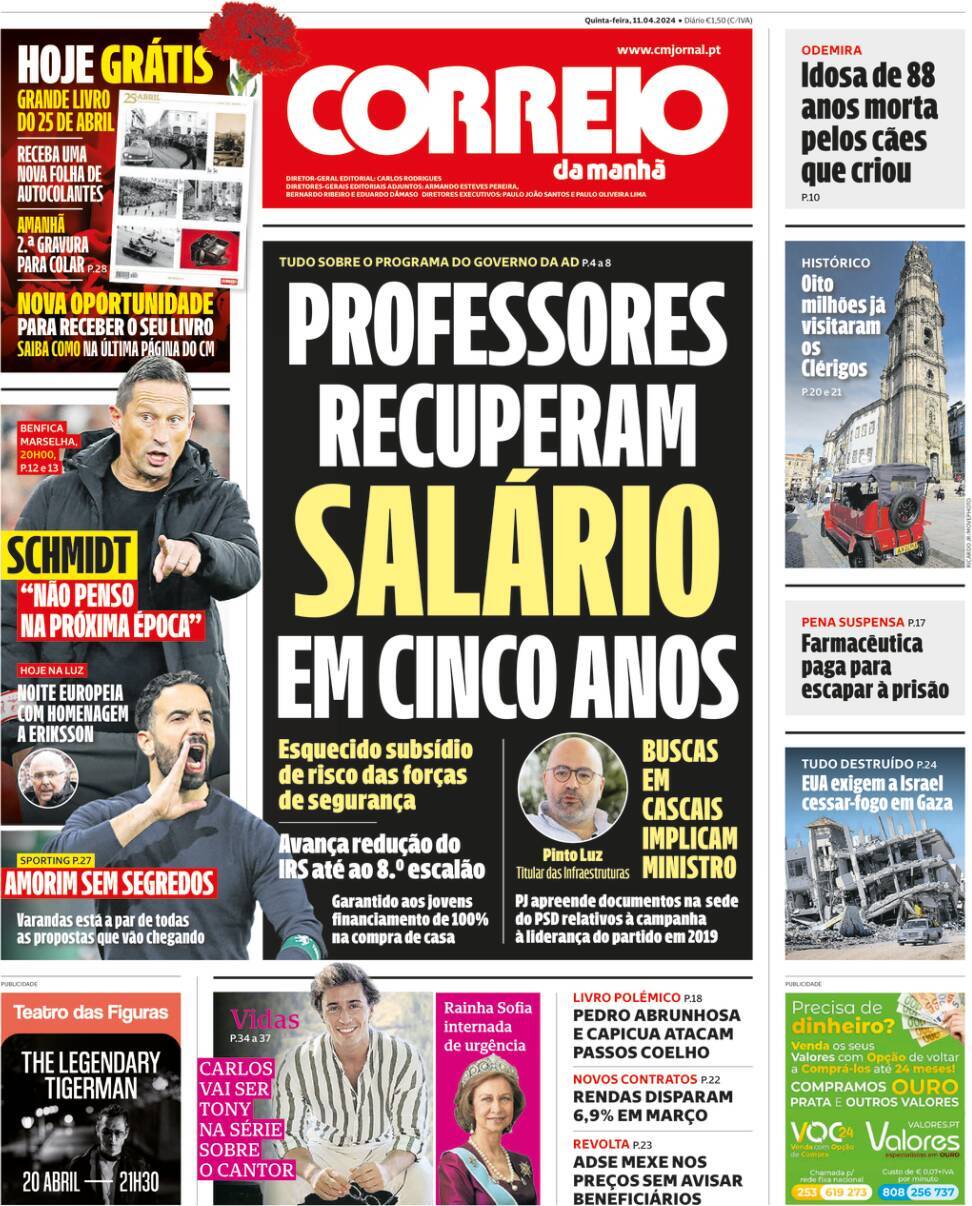 Correio da Manh&atilde;: Capa da Edi&ccedil;&atilde;o de quinta-feira, 11 de abril 2024