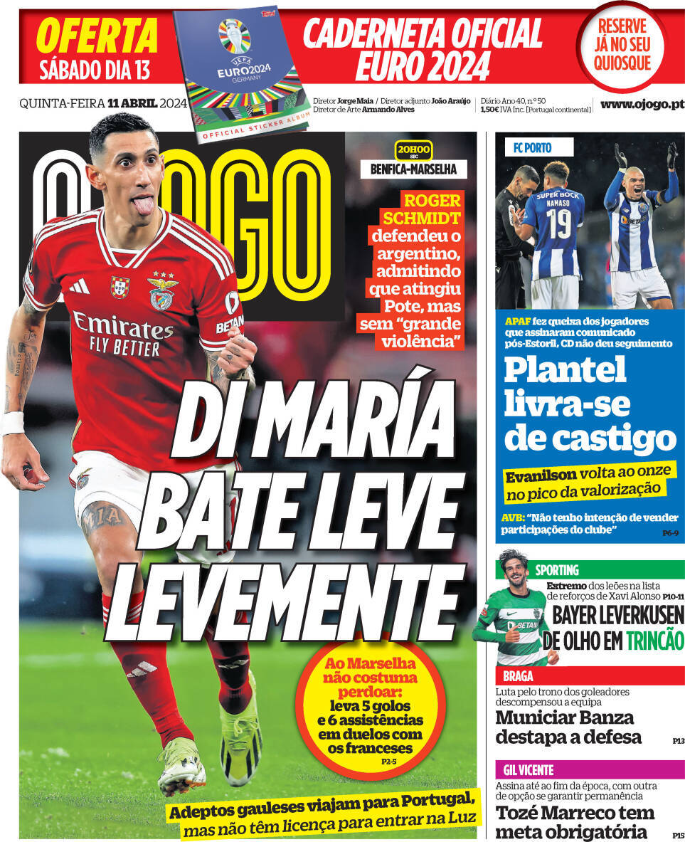 O Jogo: Capa da Edi&ccedil;&atilde;o de quinta-feira, 11 de abril 2024