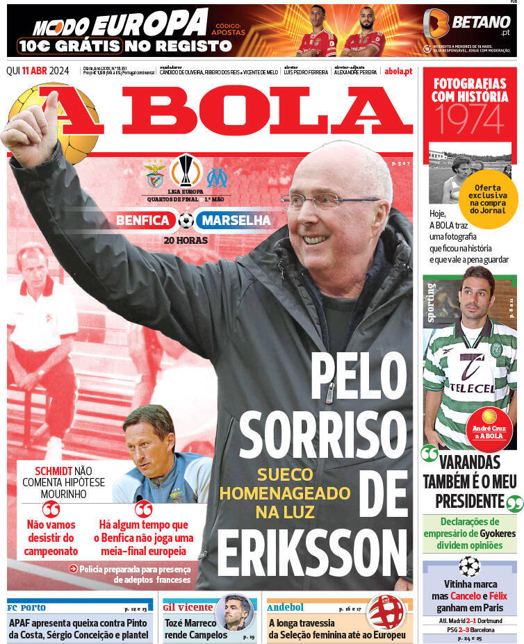 A Bola: Capa da Edi&ccedil;&atilde;o de quinta-feira, 11 de abril 2024