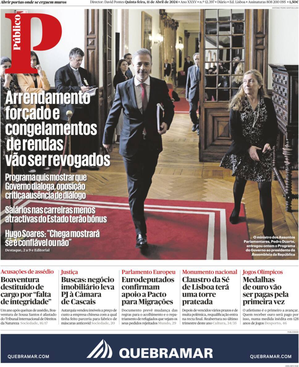 P&uacute;blico: Capa da Edi&ccedil;&atilde;o de quinta-feira, 11 de abril 2024