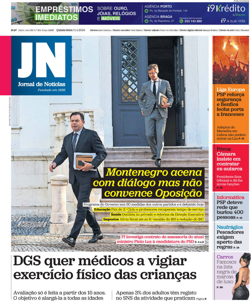 Jornal de Not&iacute;cias: Capa da Edi&ccedil;&atilde;o de quinta-feira, 11 de abril 2024