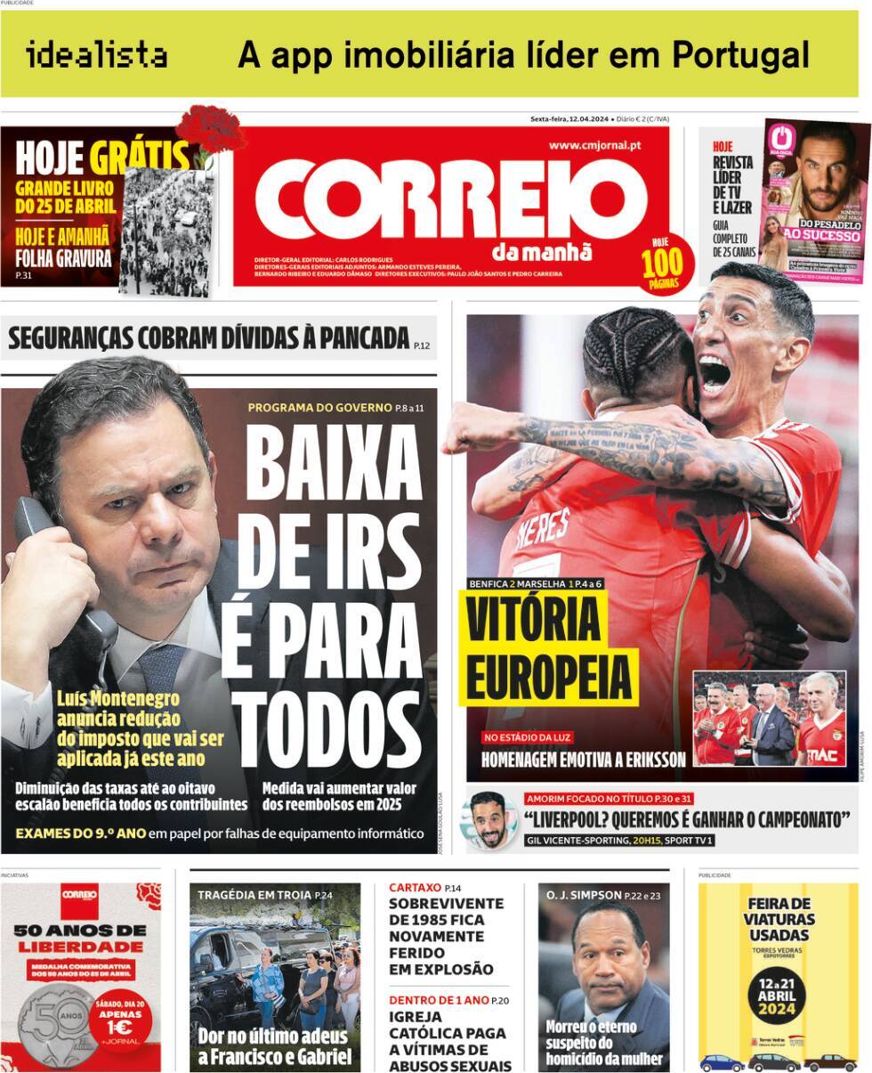 Correio da Manh&atilde;: Capa da Edi&ccedil;&atilde;o de sexta-feira, 12 de abril 2024