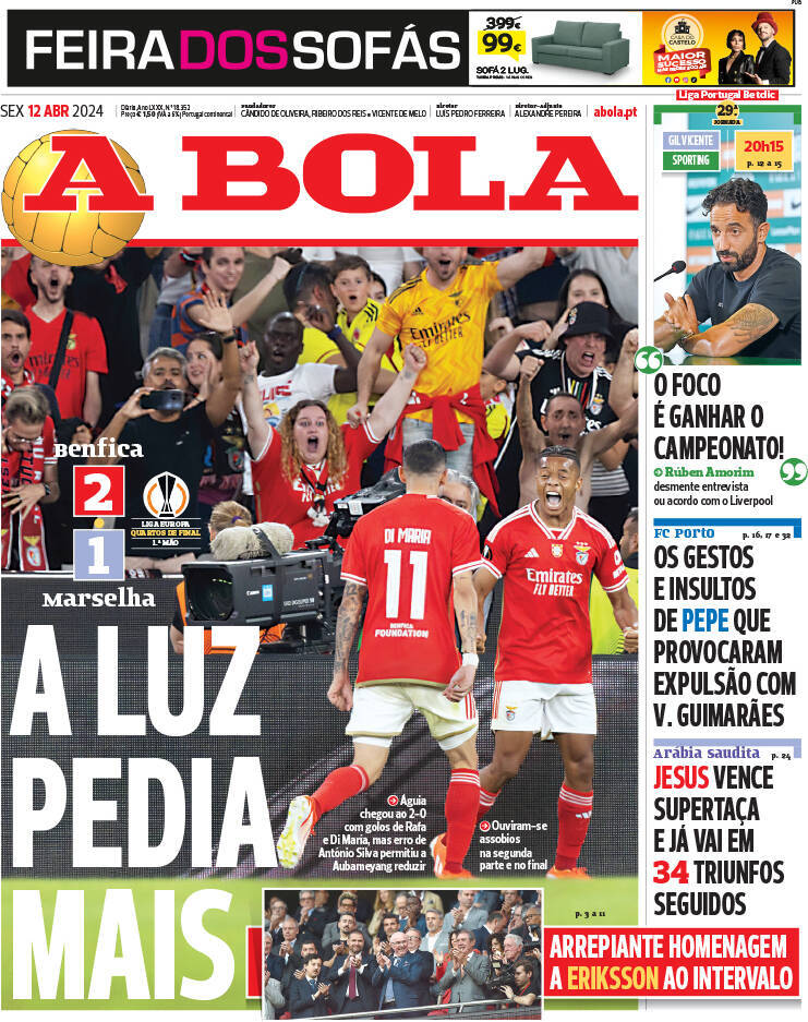 A Bola: Capa da Edi&ccedil;&atilde;o de sexta-feira, 12 de abril 2024