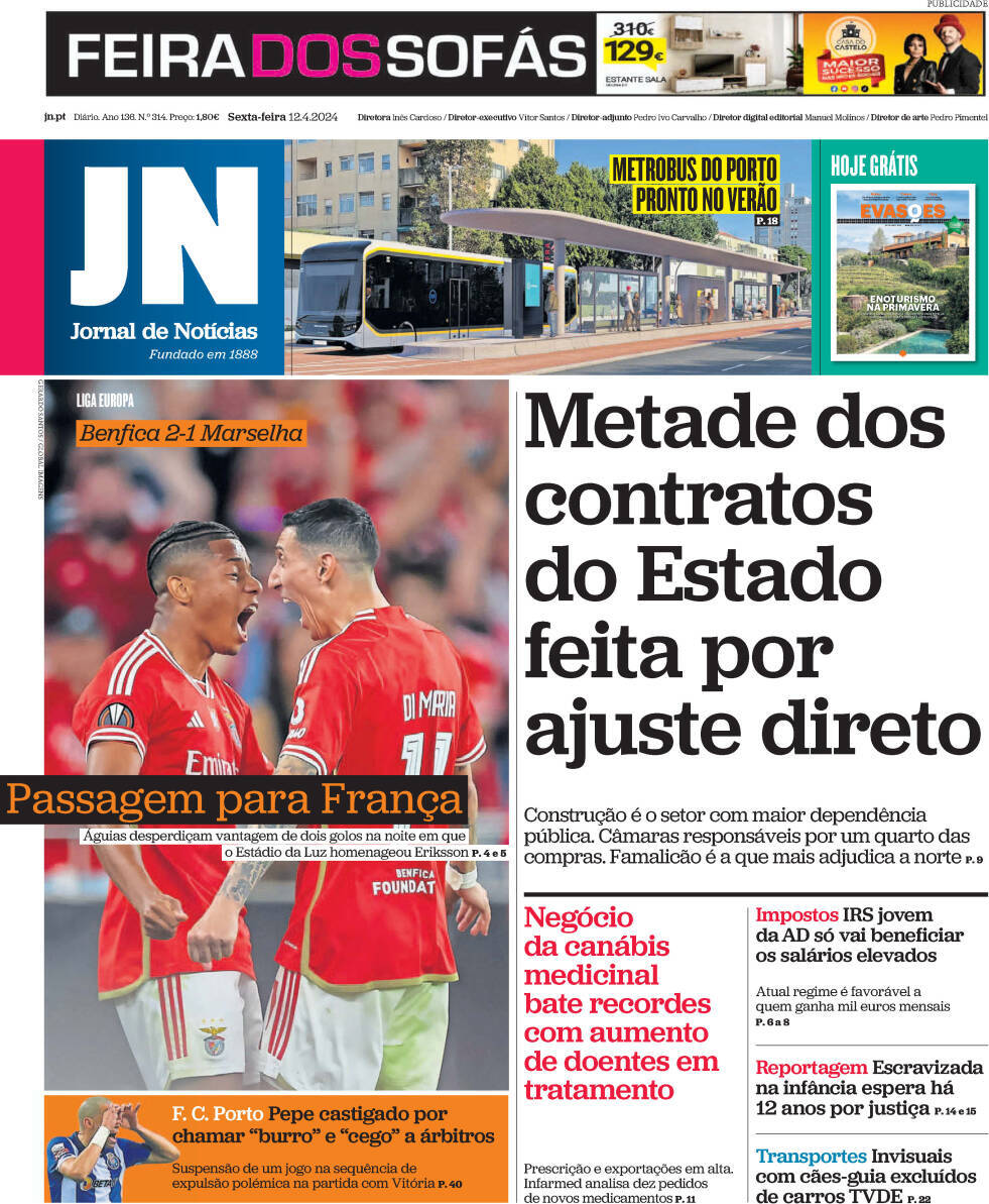 Jornal de Not&iacute;cias: Capa da Edi&ccedil;&atilde;o de sexta-feira, 12 de abril 2024