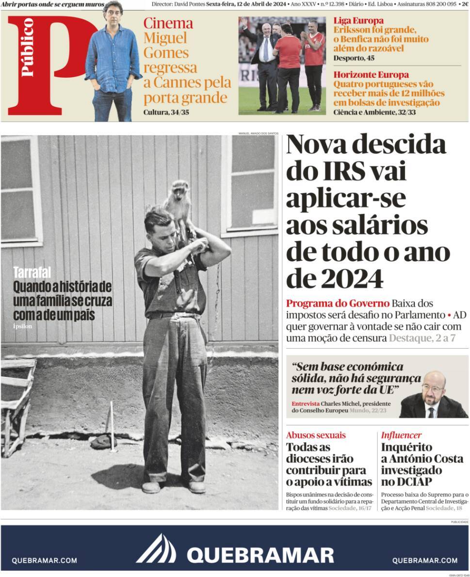 P&uacute;blico: Capa da Edi&ccedil;&atilde;o de sexta-feira, 12 de abril 2024