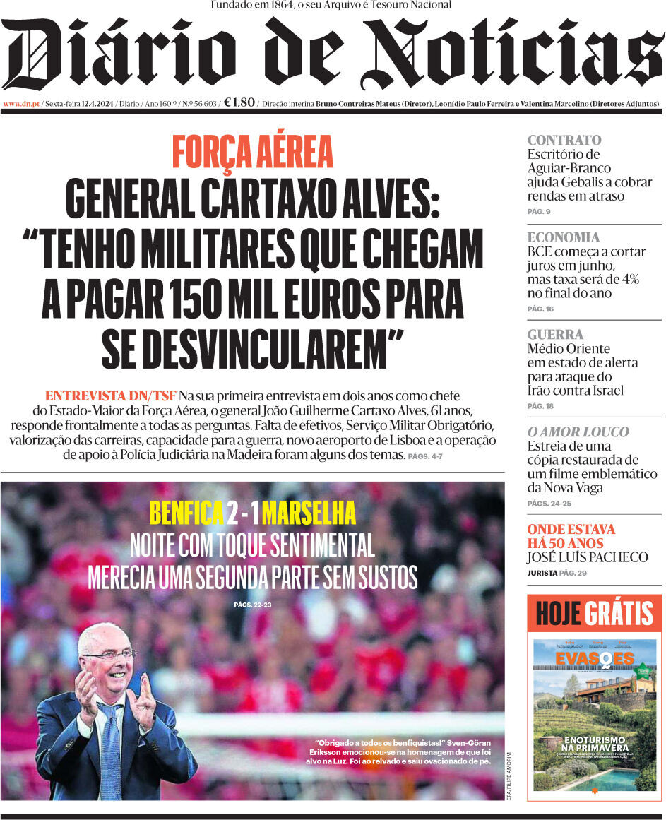 Di&aacute;rio de Not&iacute;cias: Capa da Edi&ccedil;&atilde;o de sexta-feira, 12 de abril 2024