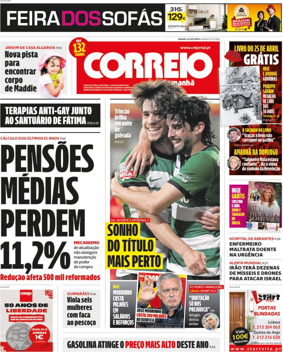 Correio da Manh&atilde;: Capa da Edi&ccedil;&atilde;o de s&aacute;bado, 13 de abril 2024